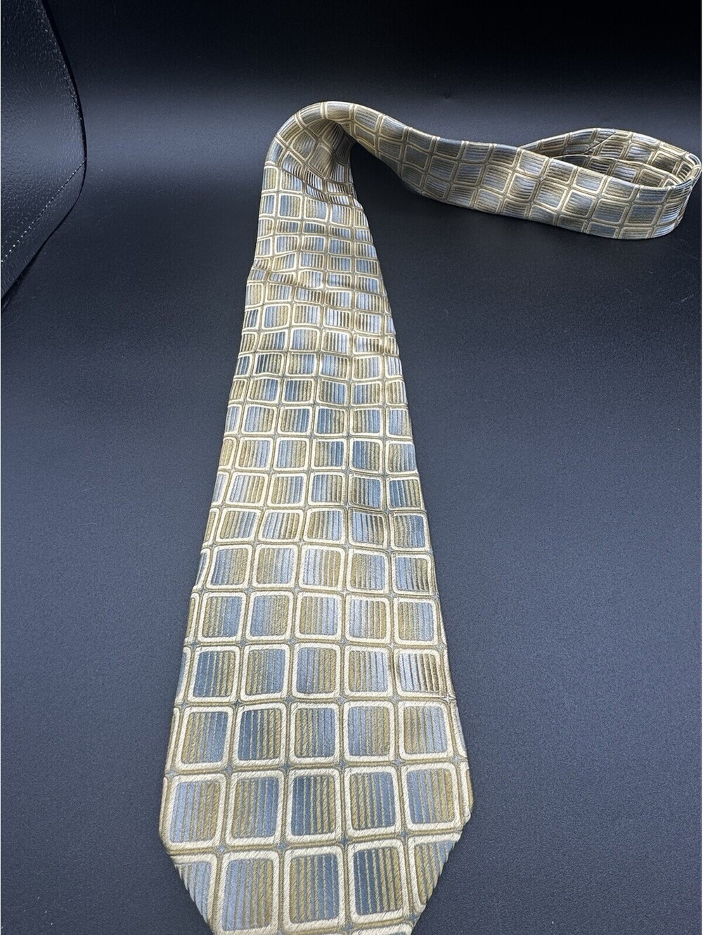 Vintage Gianni Viera Silk Tie Made Italy Blue Gold Geometric 58”